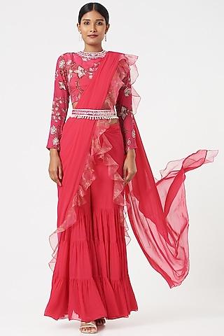 hot pink sharara saree set with attached drape