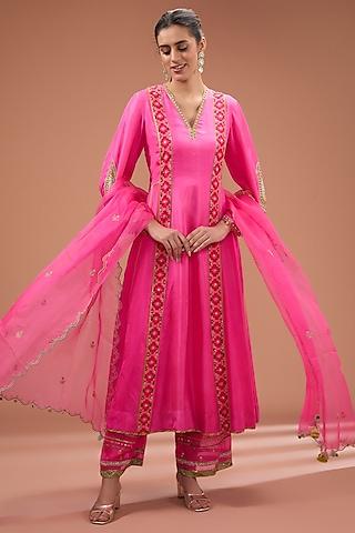 hot pink silk & modal satin hand embroidered kurta set