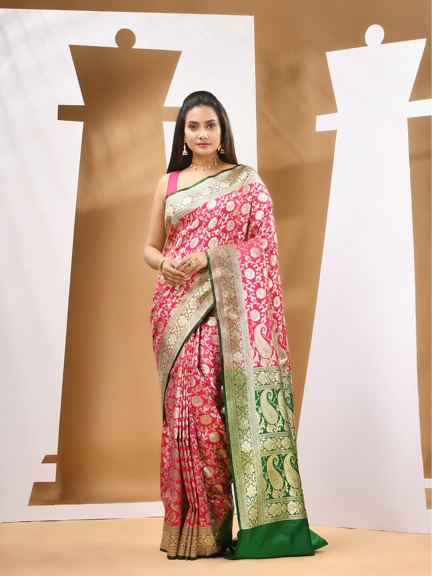 hot pink silk banarasi zari saree with unstitched blouse