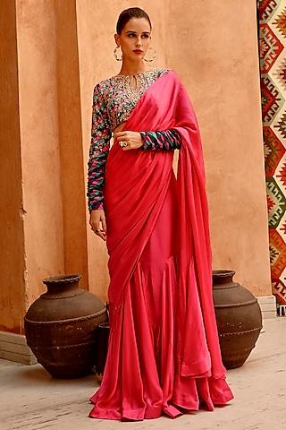 hot pink silk blend draped saree set