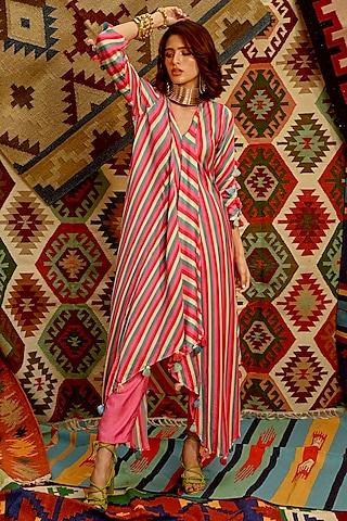 hot pink silk blend leheriya printed & thread tassel embroidered tunic set