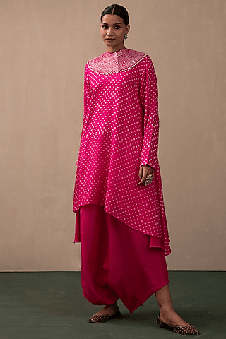 hot pink silk embroidered bandhani kurta set