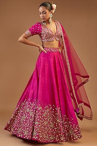 hot pink silk embroidered lehenga set