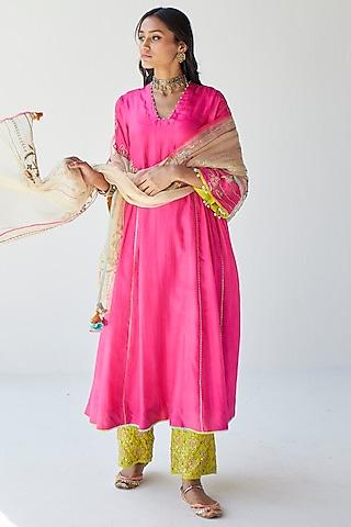 hot pink silk hand embroidered kurta set