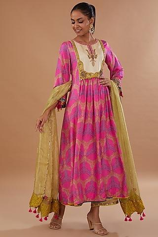 hot pink silk hand embroidered kurta set