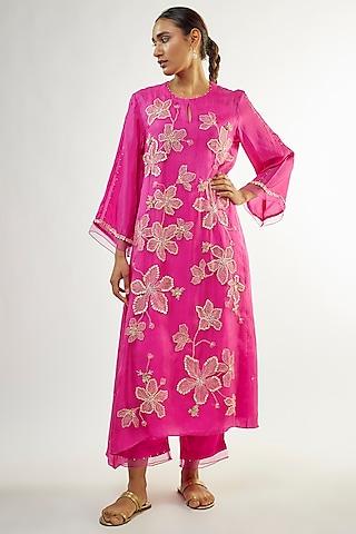 hot pink silk sequins embroidered kurta set