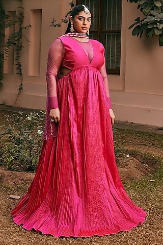 hot pink silk taffeta flared anarkali set