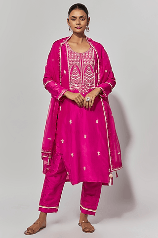 hot pink silk thread & pearl hand embroidered kurta set