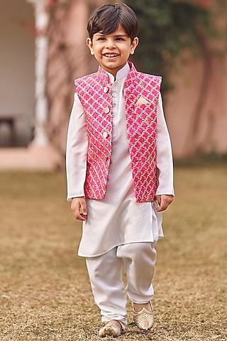 hot pink silk thread embroidered nehru jacket set for boys