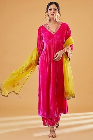 hot pink silk velvet hand embroidered kurta set