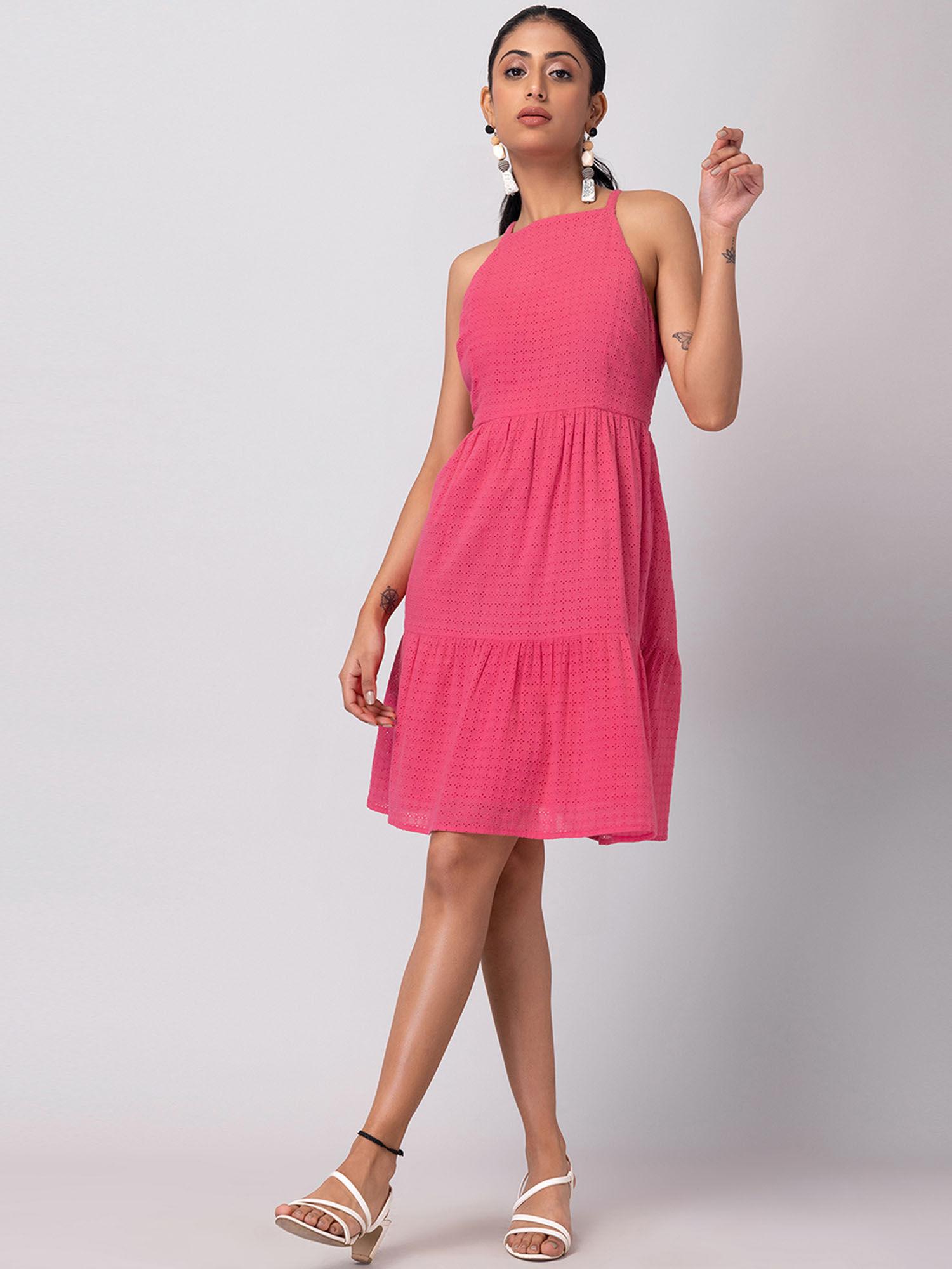 hot pink sleeveless schiffli halter dress