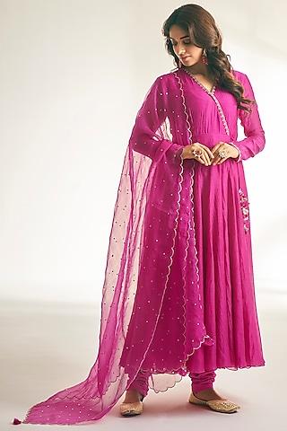 hot pink soft chanderi & stretch cotton anarkali set