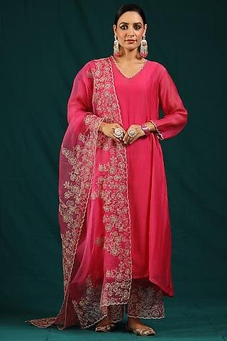 hot pink soft chanderi embroidered kurta set