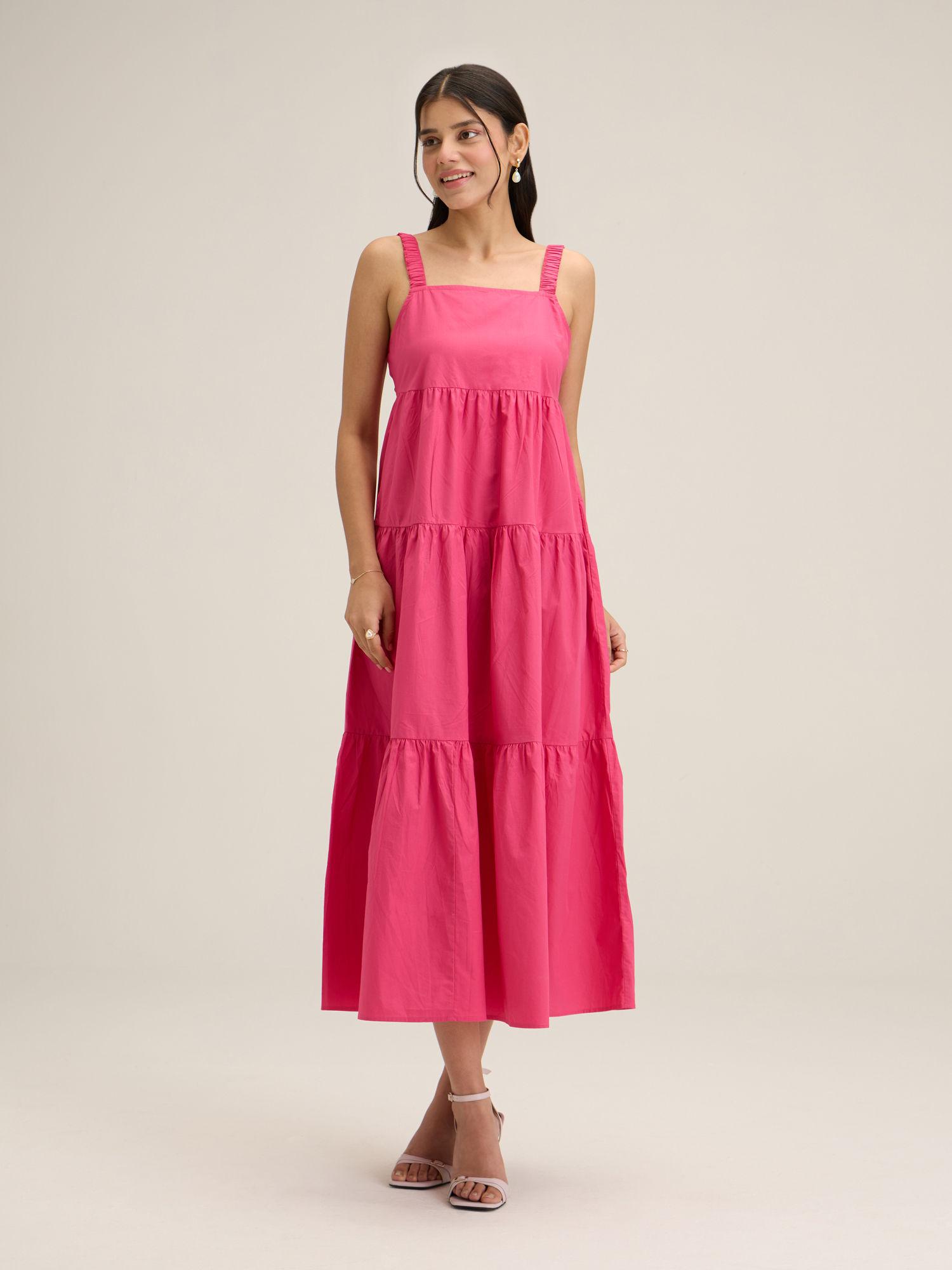 hot pink solid backless tiered midi dress