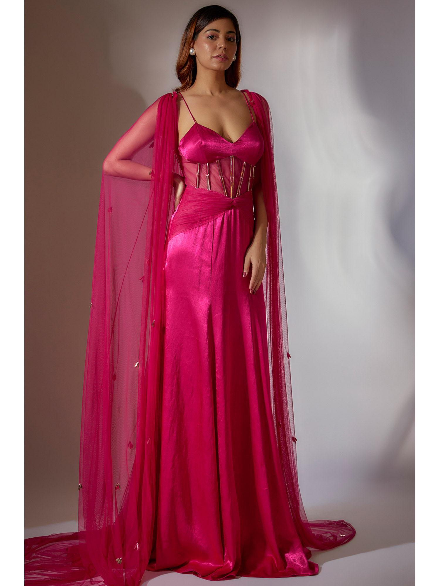 hot pink solid corset gown with cape (set of 2)