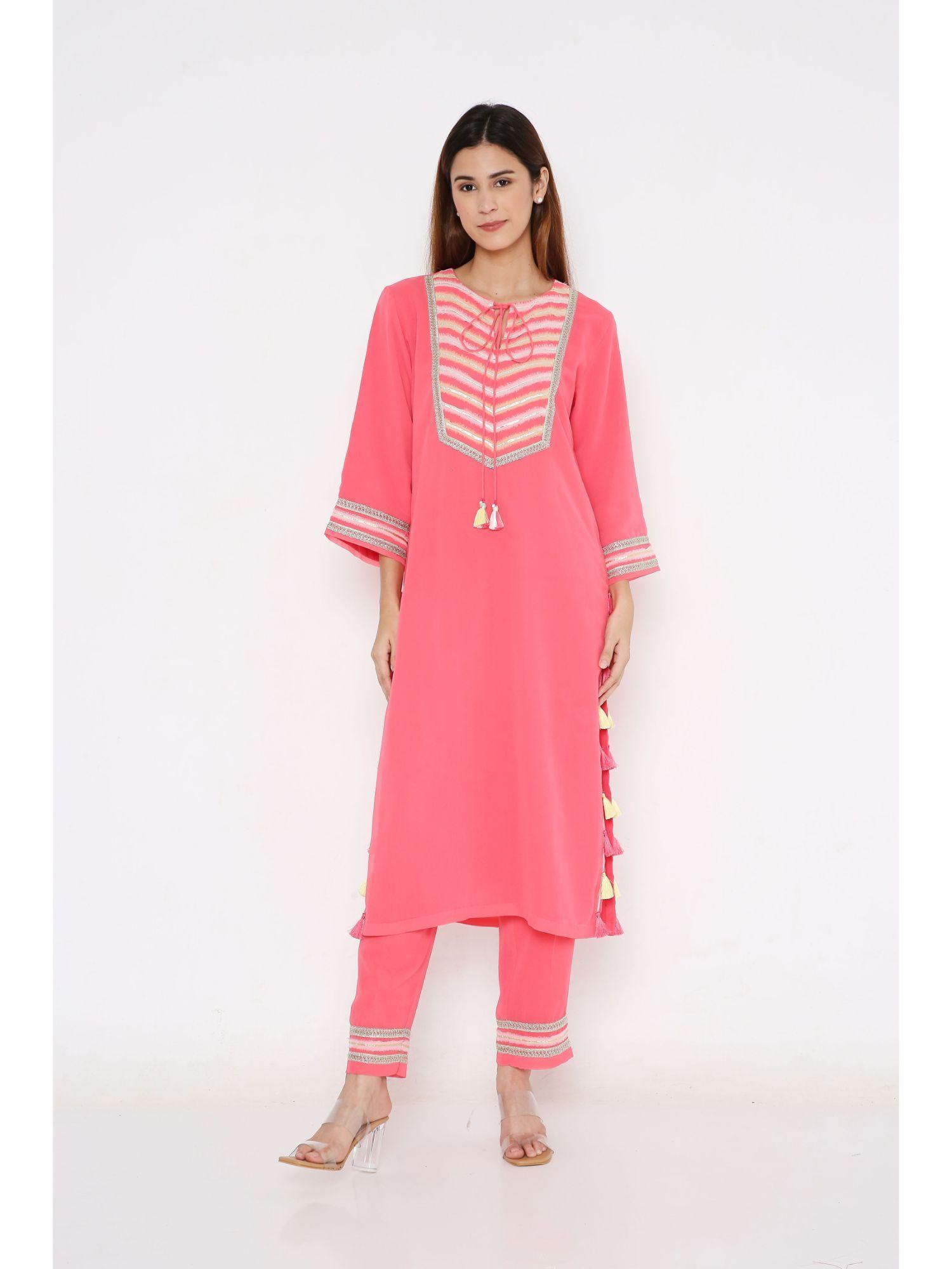 hot pink straight kurta and pant (set of 2)