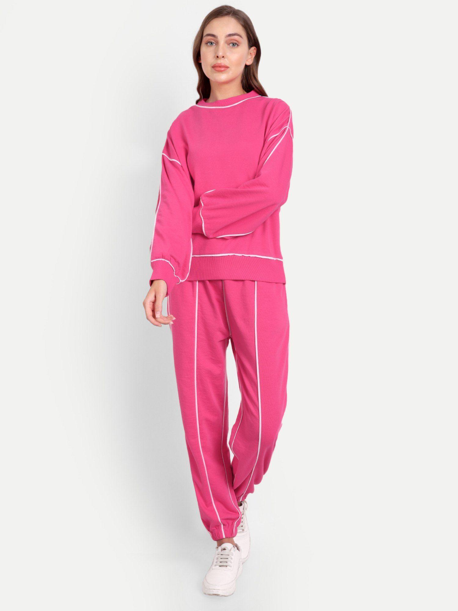 hot pink sweatshirt with jogger white piping highlight (set of 2)