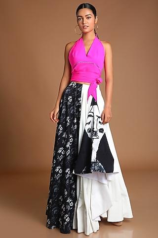 hot pink top with black & white printed skirt