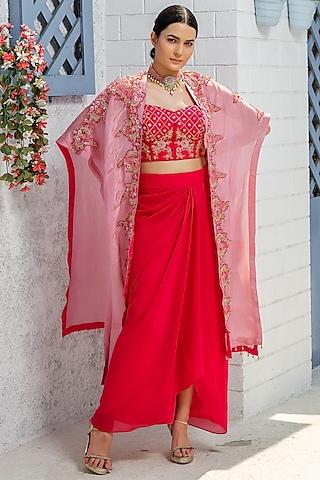 hot pink tulle embroidered cape set