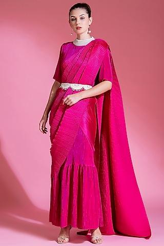 hot pink viscose satin pleated saree set