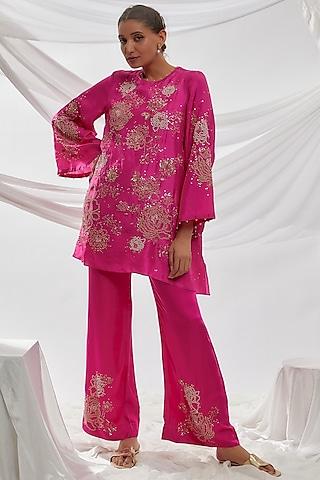 hot pink viscose silk floral embroidered kurta set