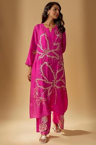hot pink viscose silk hand embroidered kurta