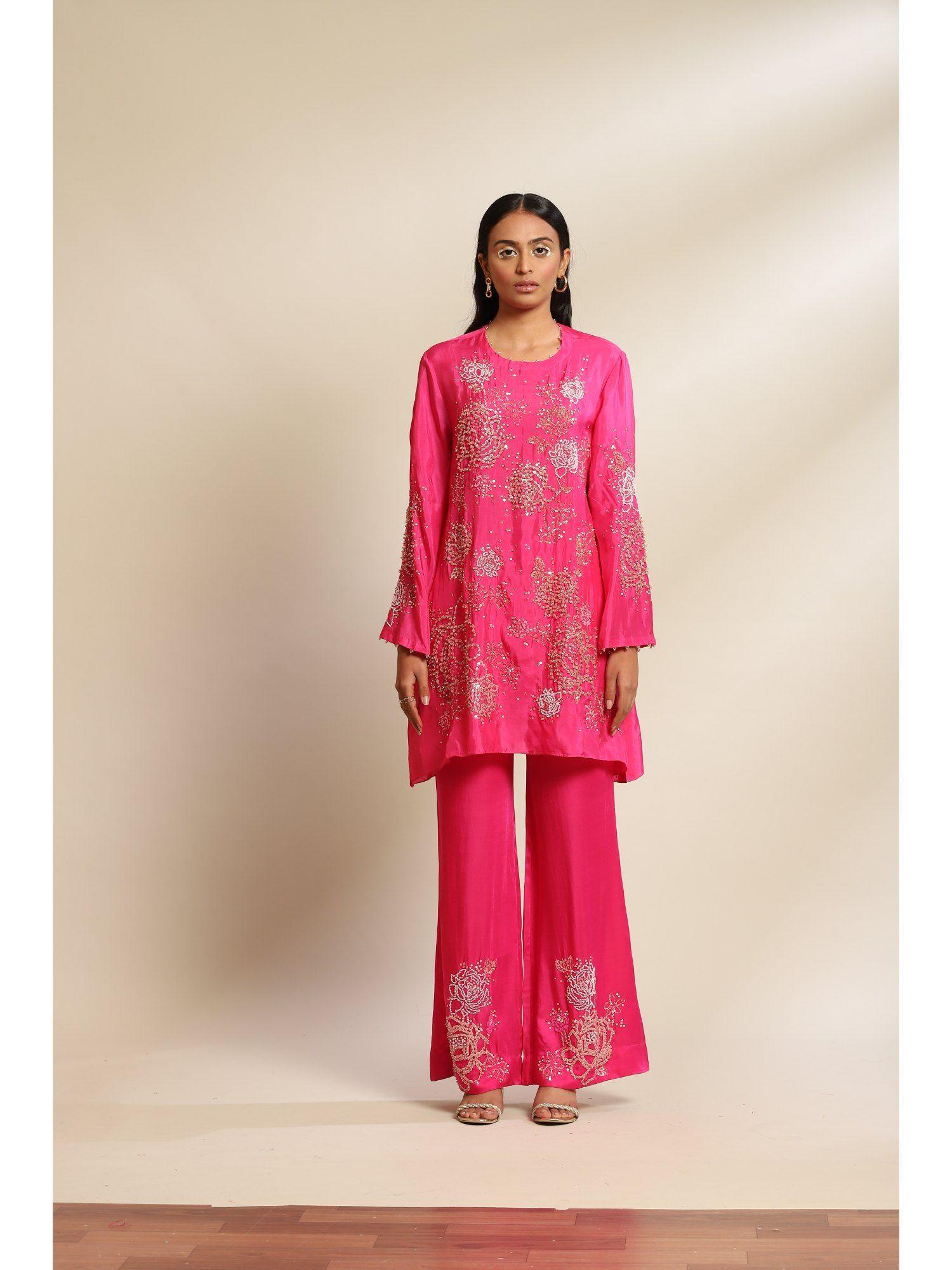 hot pink viscose silk kurta & pant with floral embroidery & sleeve (set of 2)