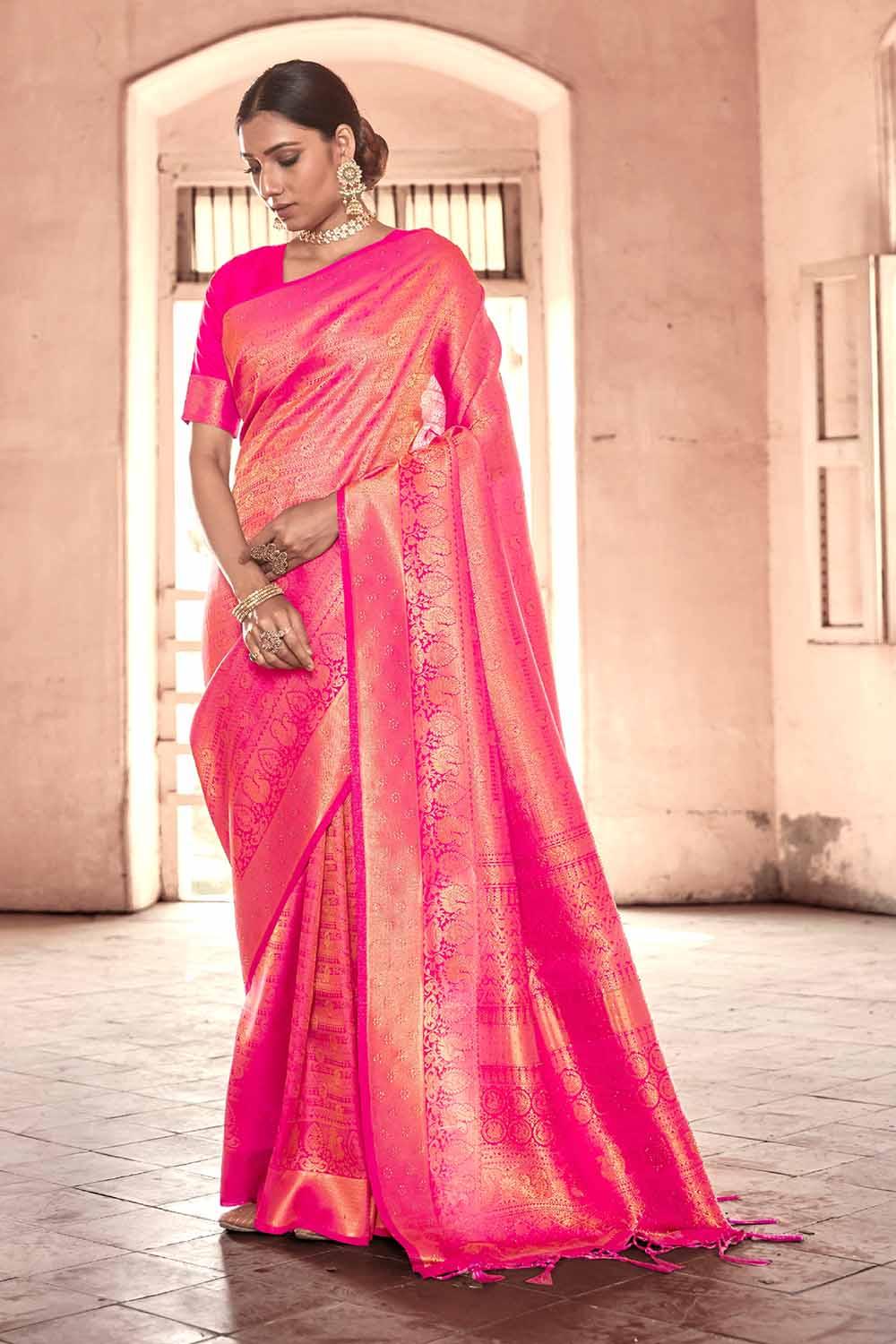 hot pink zari woven kanjivaram fusion saree with swaroski