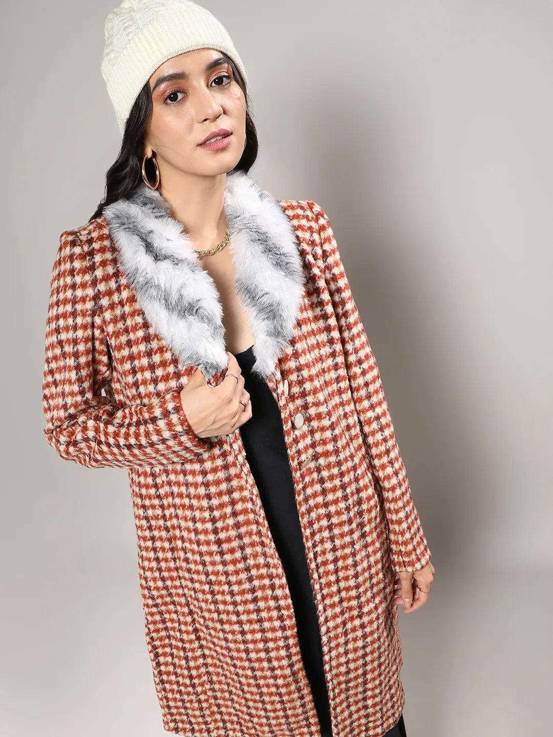 houndstooth long coat with faux fur neck