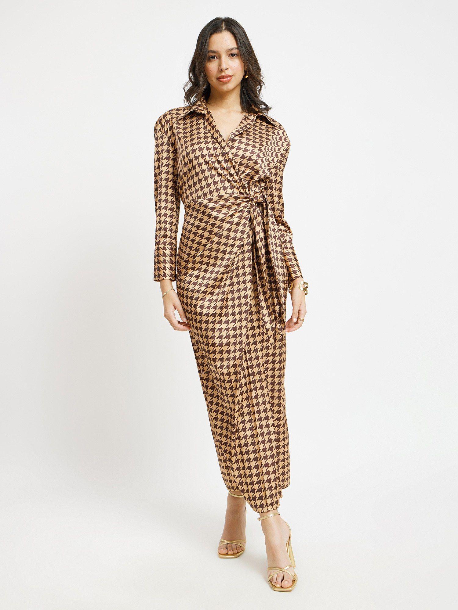 houndstooth print wrap dress - brown and gold