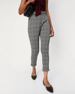 houndstooth pattern flat-front trousers with belt