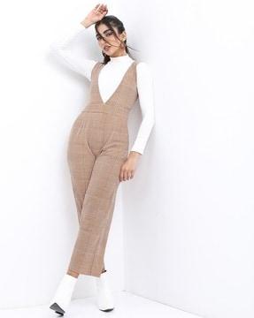 houndstooth pattern v-neck jumpsuit