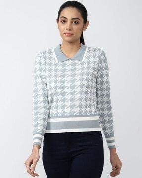 houndstooth print collar-neck top