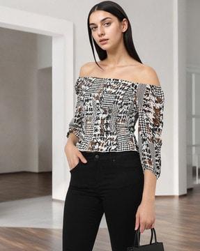 houndstooth print off-shoulder top