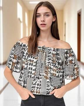 houndstooth print off-shoulder top