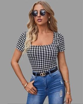 houndstooth print square-neck top