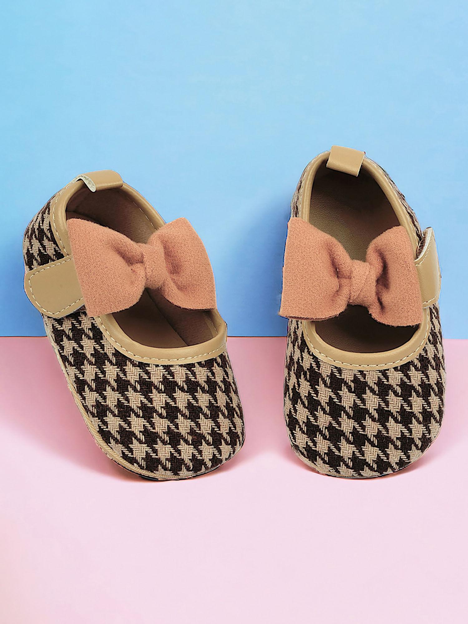 houndstooth print with bow velcro strap anti-skid ballerina brown