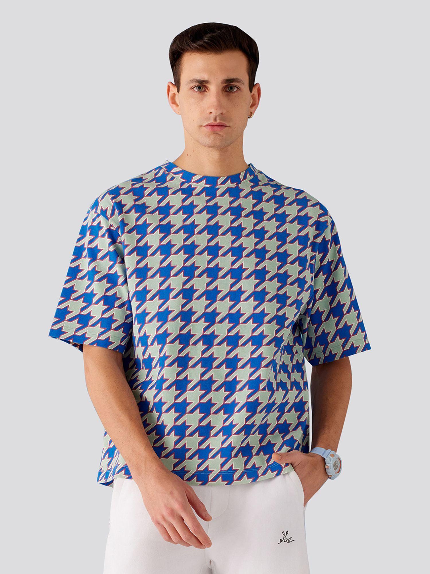 houndstooth printed oversized unisex t-shirt - blue