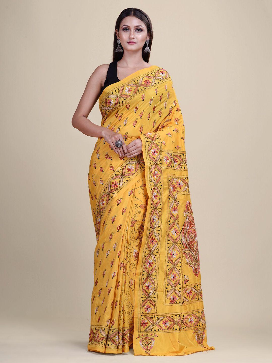 house of arli paisley design kantha work pure silk saree