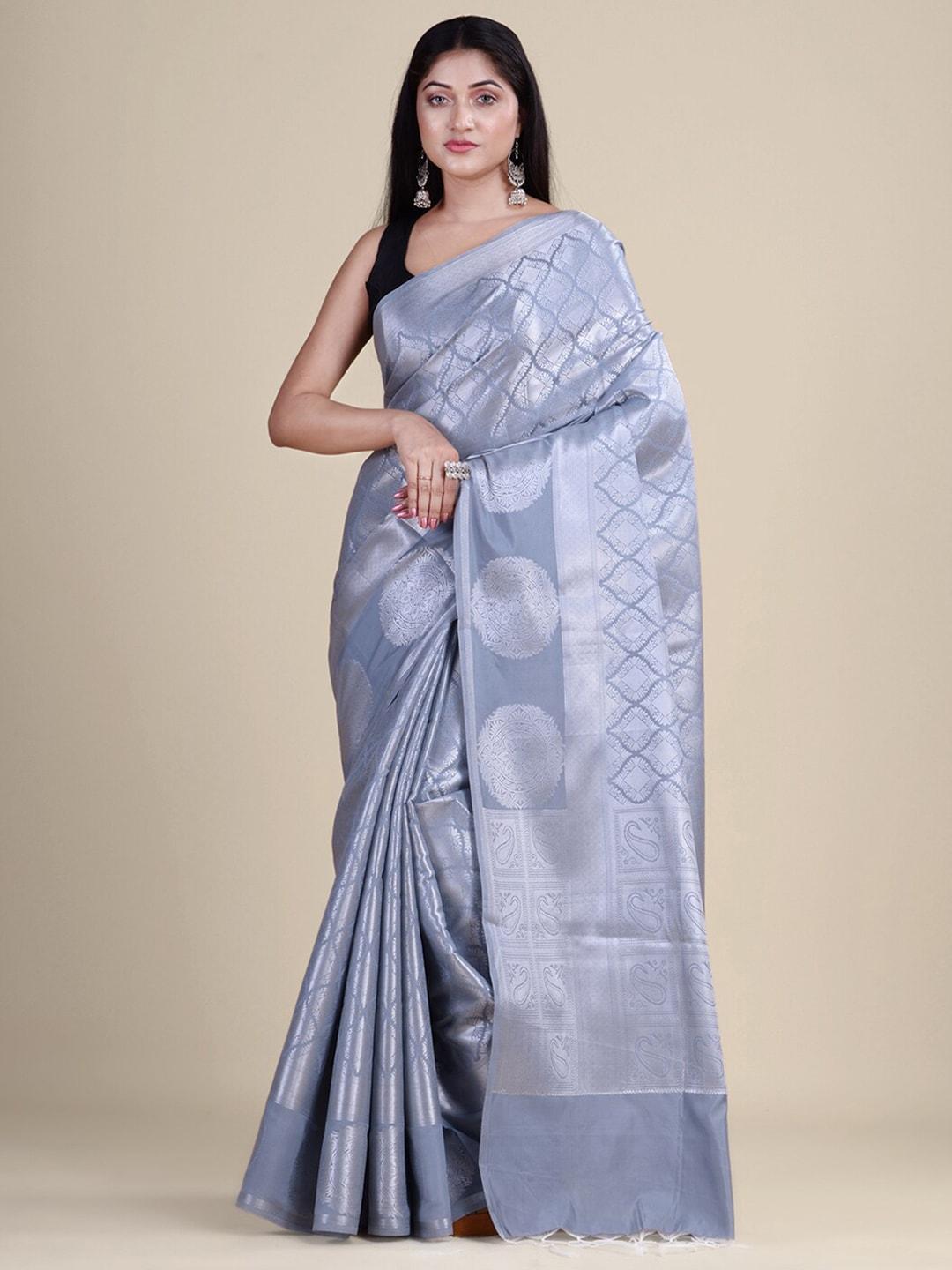 house of begum grey & silver-toned woven design zari silk blend banarasi saree