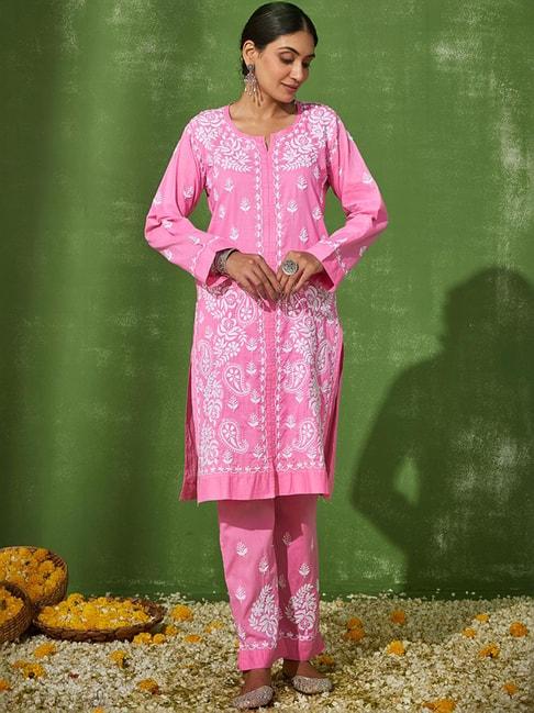 house of chikankari pink cotton embroidered kurta pant set