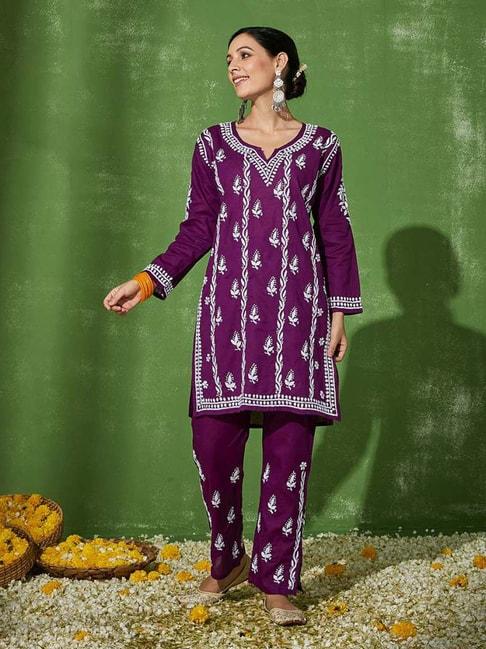 house of chikankari purple cotton embroidered kurta bottom set