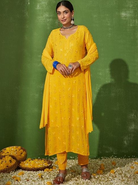 house of chikankari yellow embroidered kurta pant set with inner