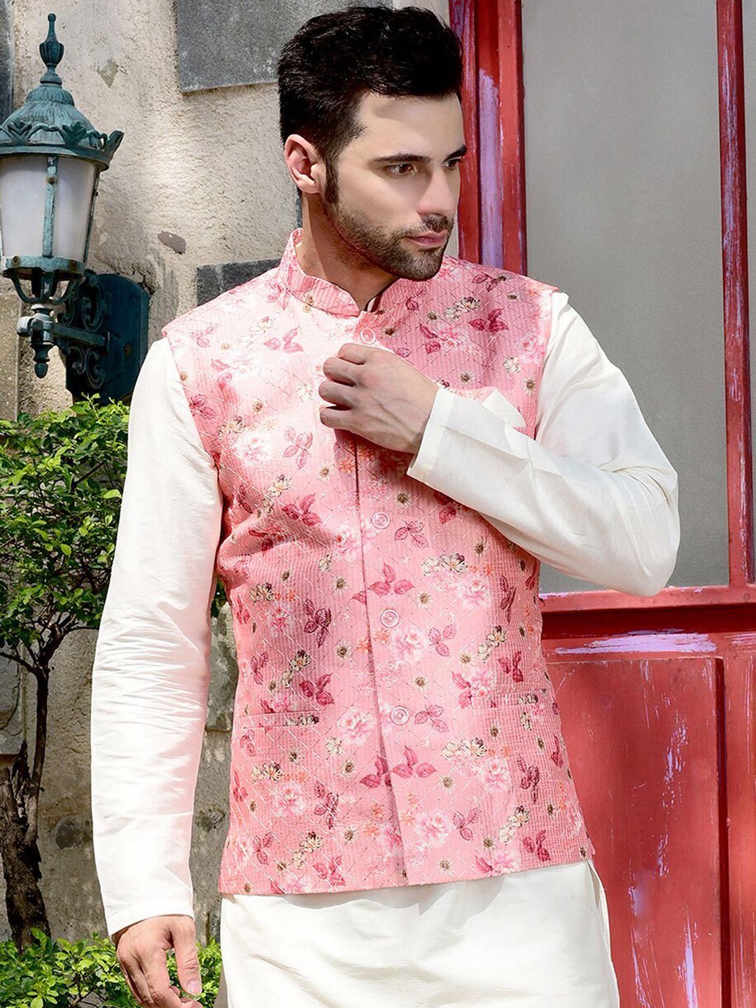 house of deyann floral printed thread work pure silk nehru jacket