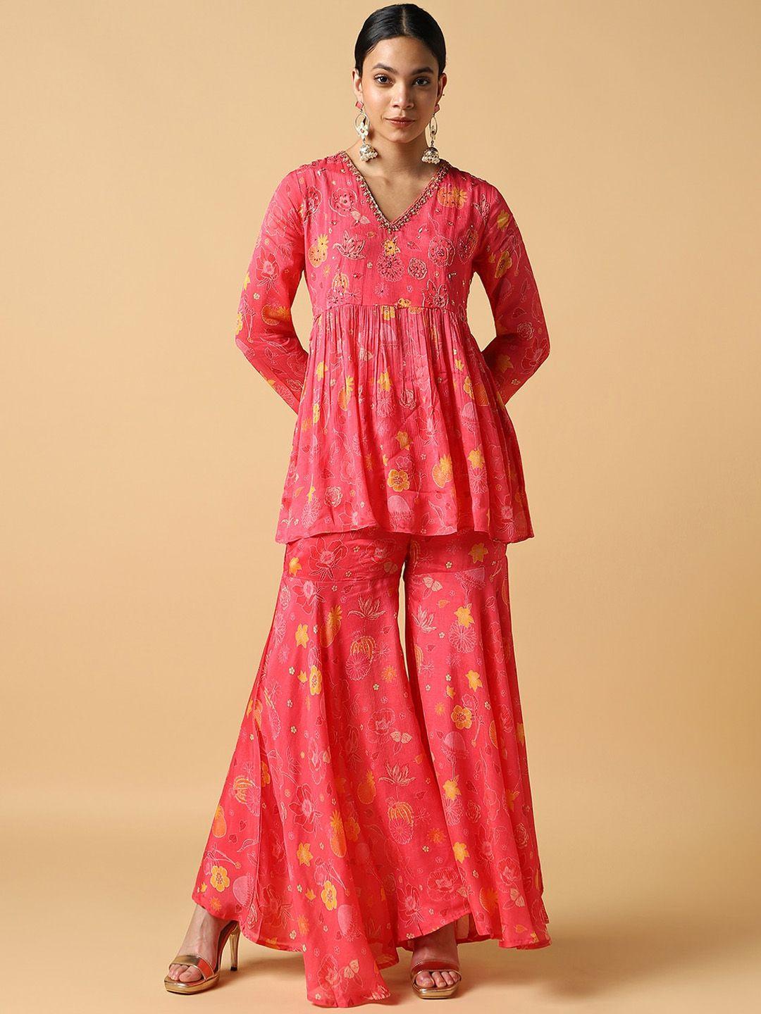 house of dharaa women floral printed pleated kurti with sharara
