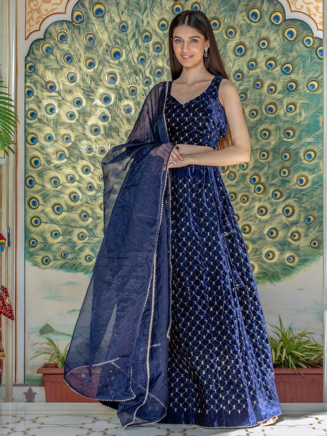 house of jamoti blue & gold-toned embellished thread work ready to wear lehenga & blouse with dupatta