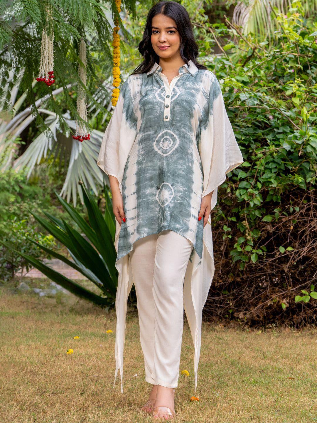 house of jamoti ethnic motifs printed shirt collar kaftan kurti with trousers