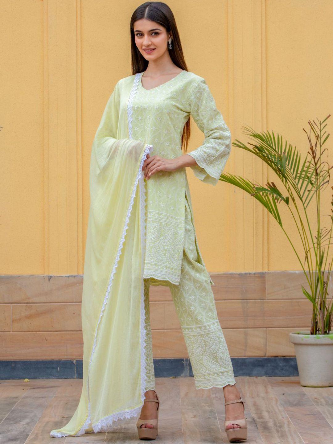 house of jamoti women green embroidered thread work kurti with trousers & dupatta