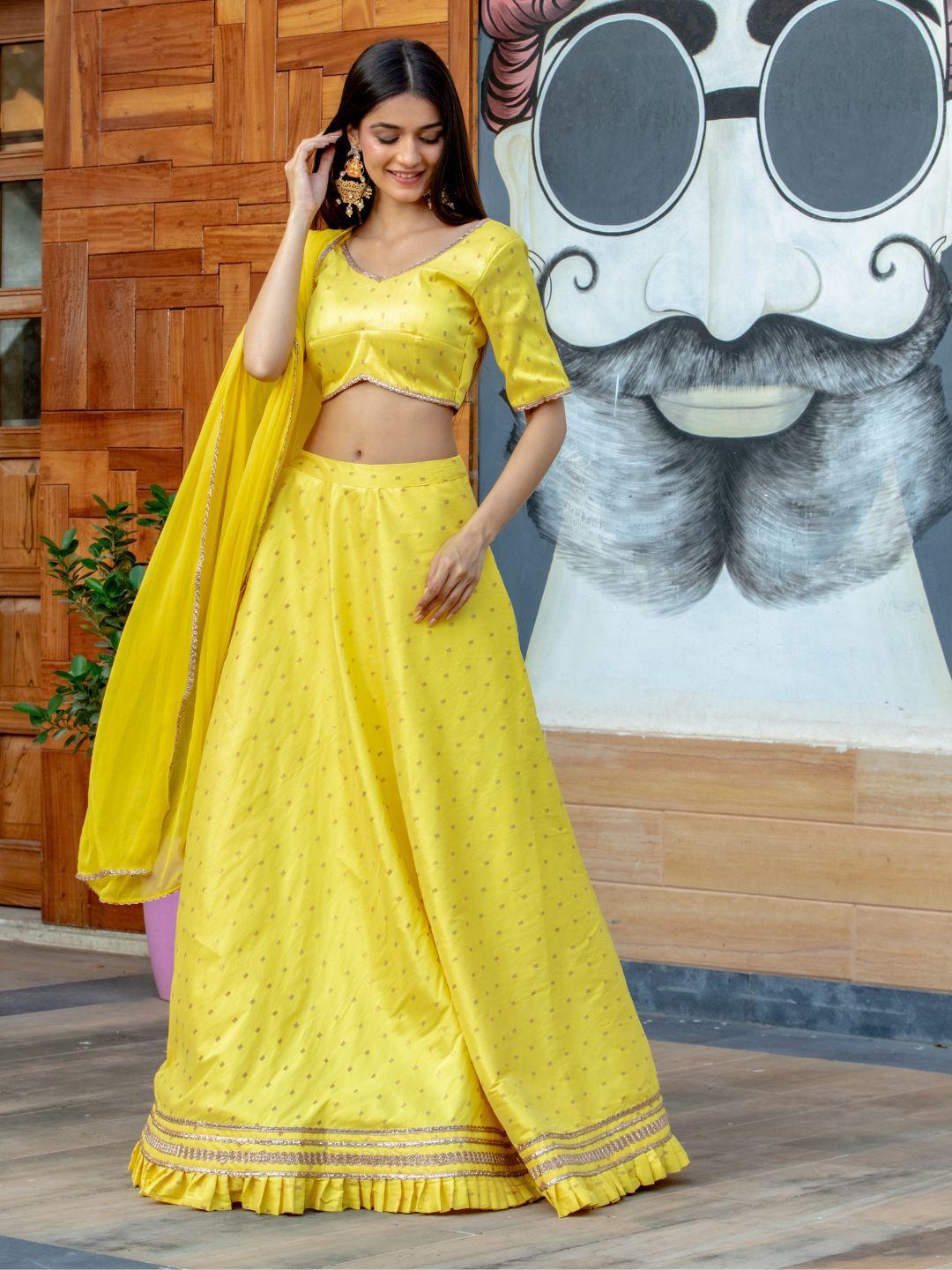 house of jamoti yellow & gold-toned printed ready to wear lehenga & blouse with dupatta