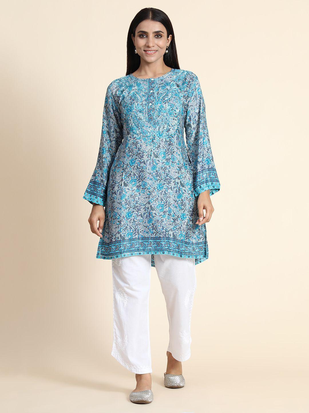 house of kari blue & off white floral printed embroidered tunic